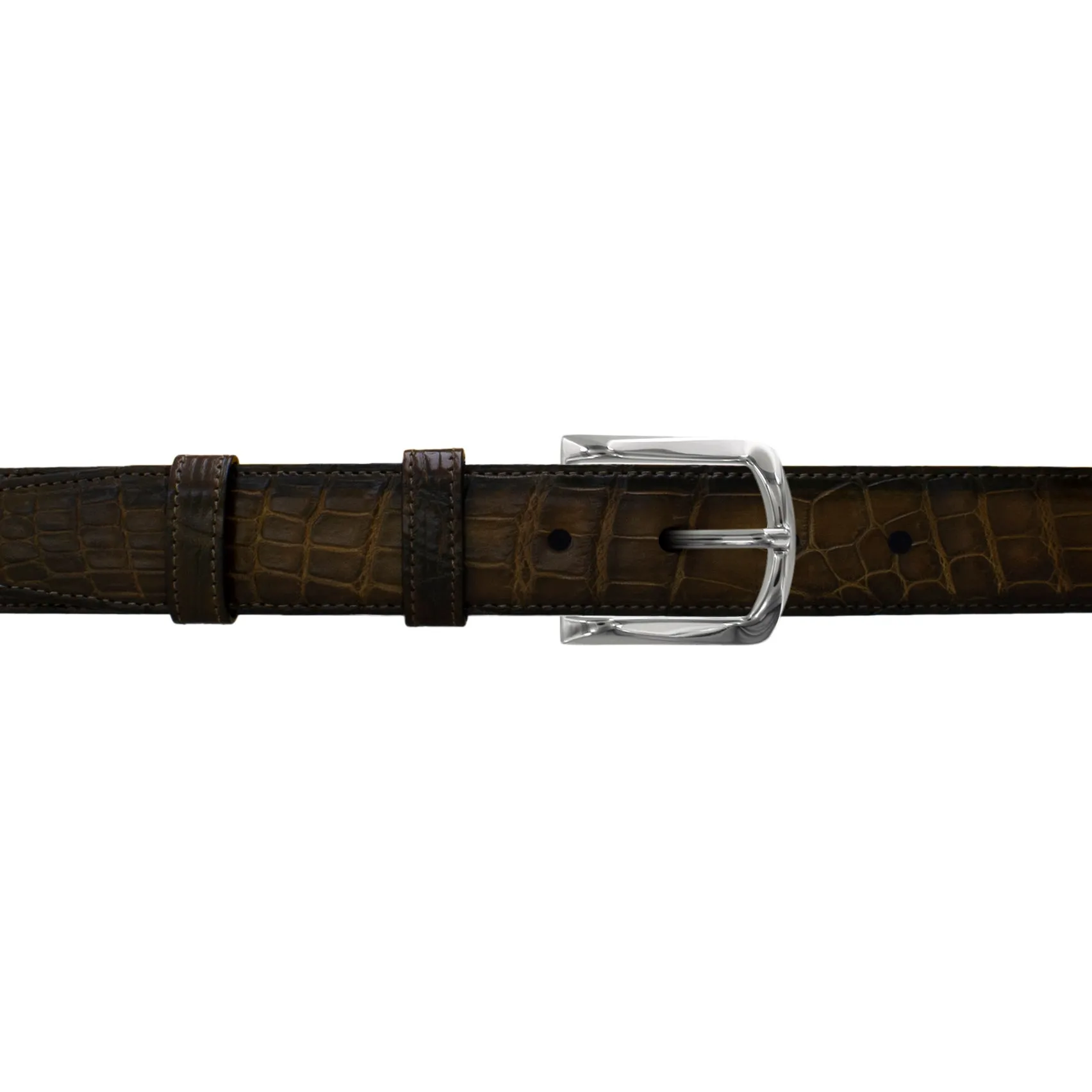 1 1/4" Walnut Patina Belt with Derby Cocktail Buckle in Polished Nickel