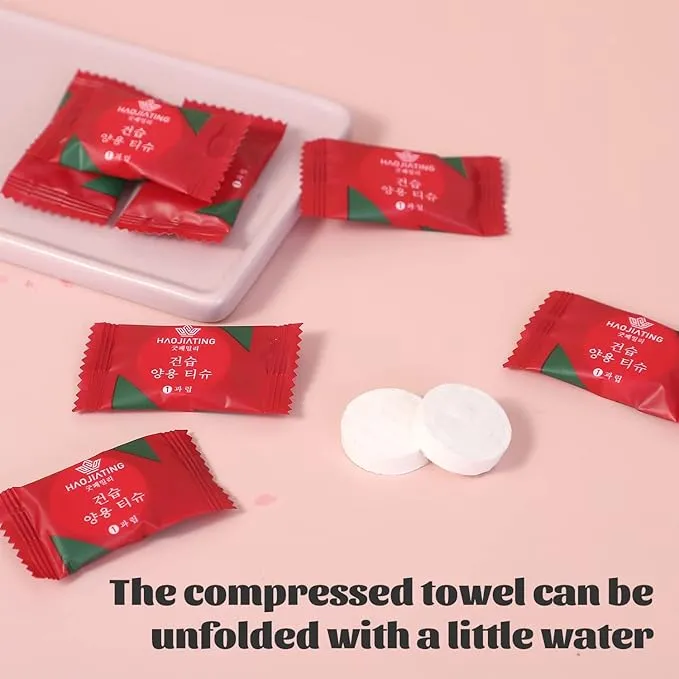 100 Pcs Mini Compressed Towels, Disposable Face Compressed Towel, Compressed Hand Wipe, Camping towel, Portable Compressed Coin Tissue for Travel/Home/Outdoor Activities (Individual packaging)