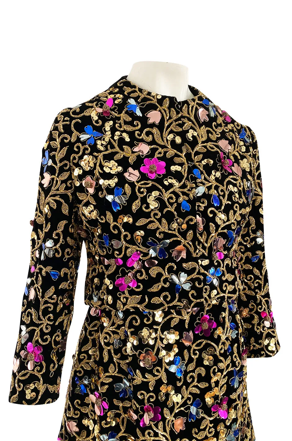 1960s Arnold Scaasi Couture Gold Cording, Beading & Metallic Applique Dress Jacket Set