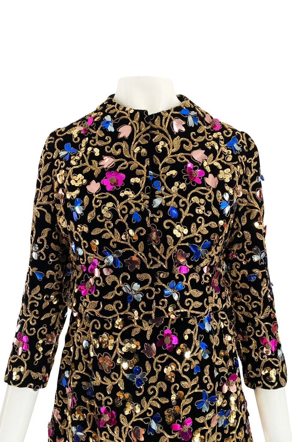 1960s Arnold Scaasi Couture Gold Cording, Beading & Metallic Applique Dress Jacket Set