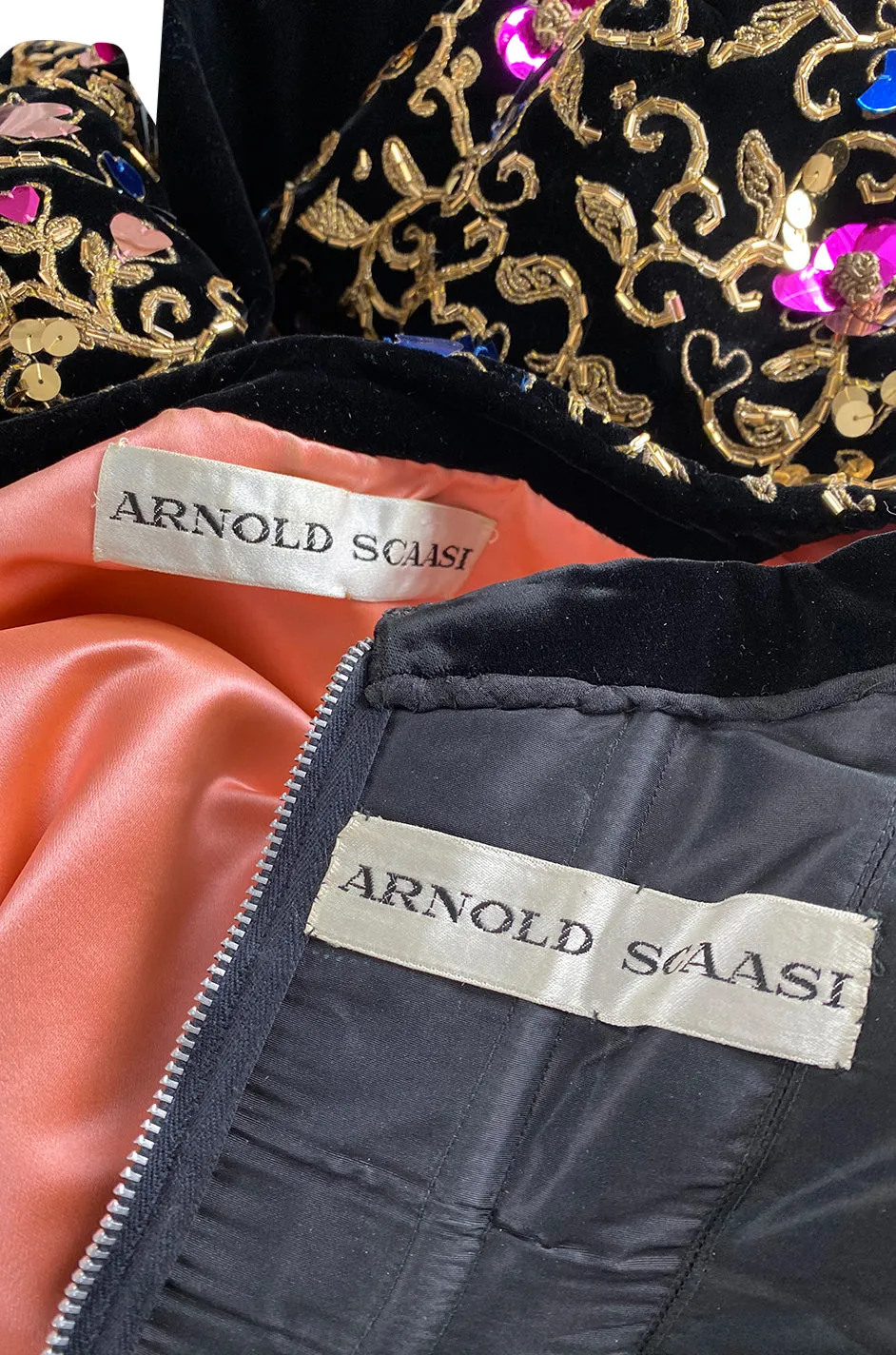 1960s Arnold Scaasi Couture Gold Cording, Beading & Metallic Applique Dress Jacket Set