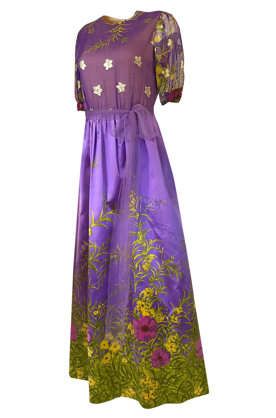 1960s Oscar de la Renta Prettiest Painted Floral Silk & Metallic Dress