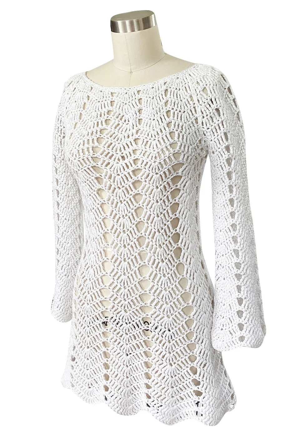 1970s Cobbler Open Weave White Cotton Knit Mini Dress or Tunic