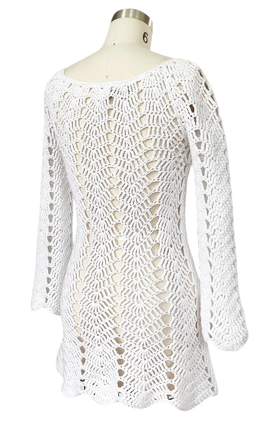 1970s Cobbler Open Weave White Cotton Knit Mini Dress or Tunic