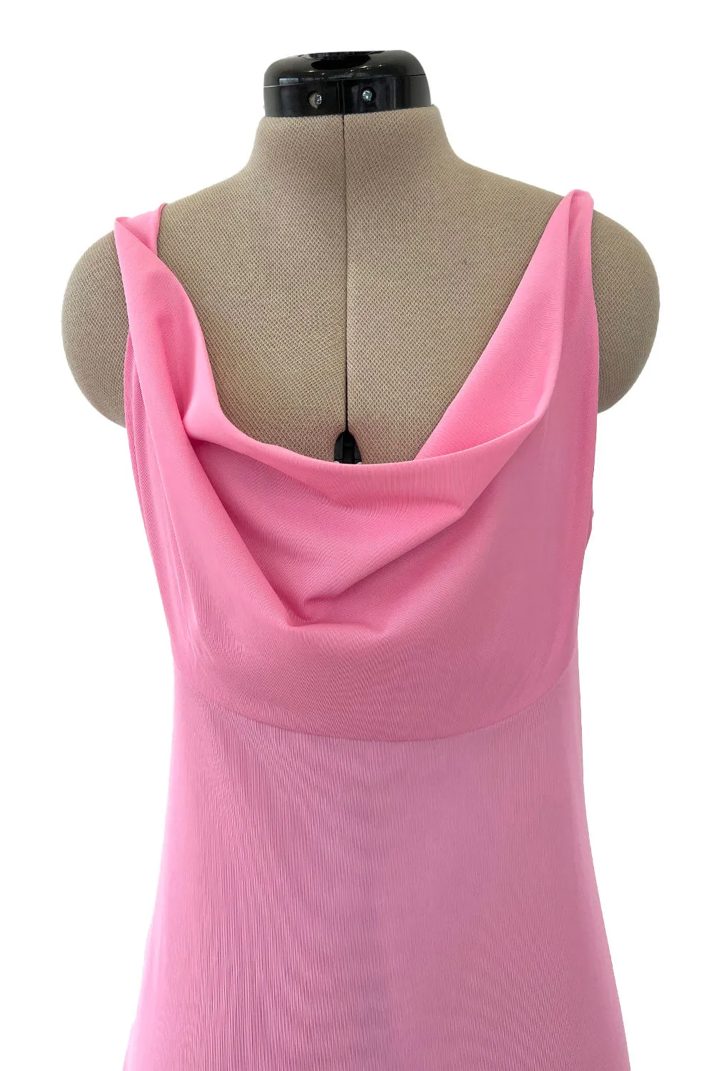 1970s John Kloss for Cira Pink Nylon Jersey Lingerie Dress w Draped Neckline