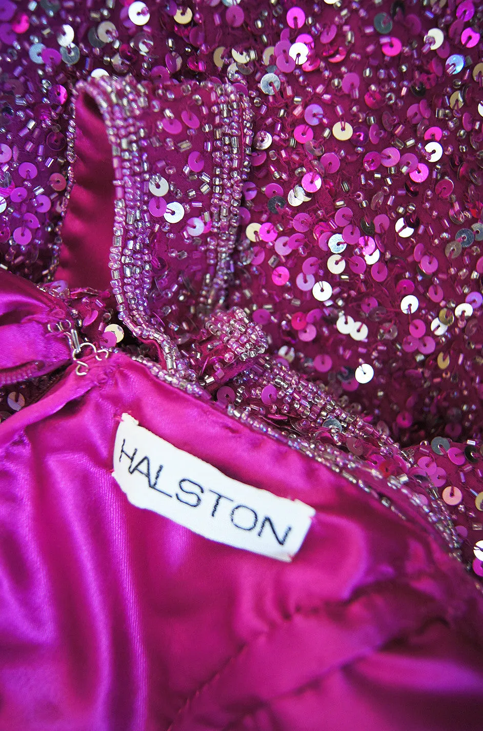 1970s Pink Sequin Custom Halston Gown
