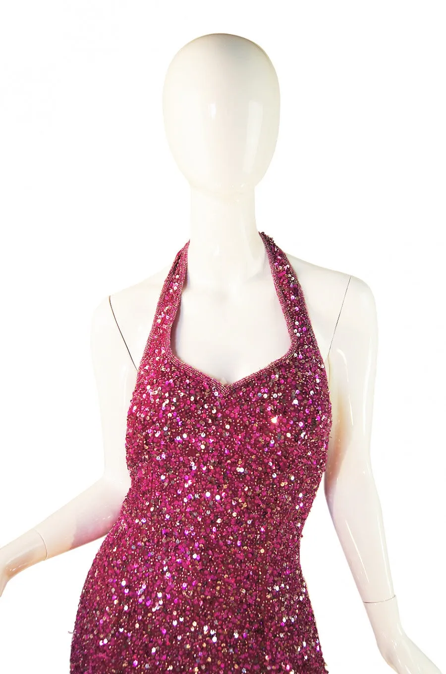 1970s Pink Sequin Custom Halston Gown