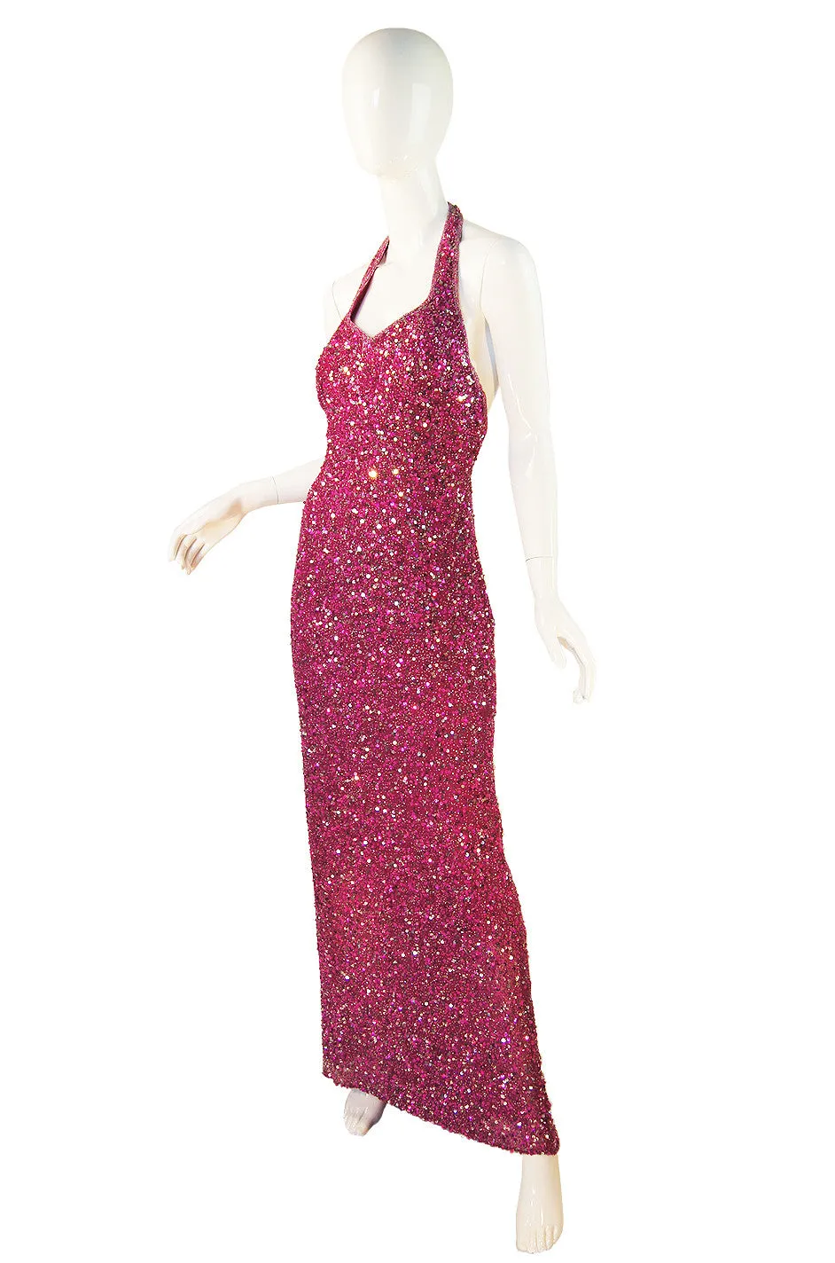 1970s Pink Sequin Custom Halston Gown