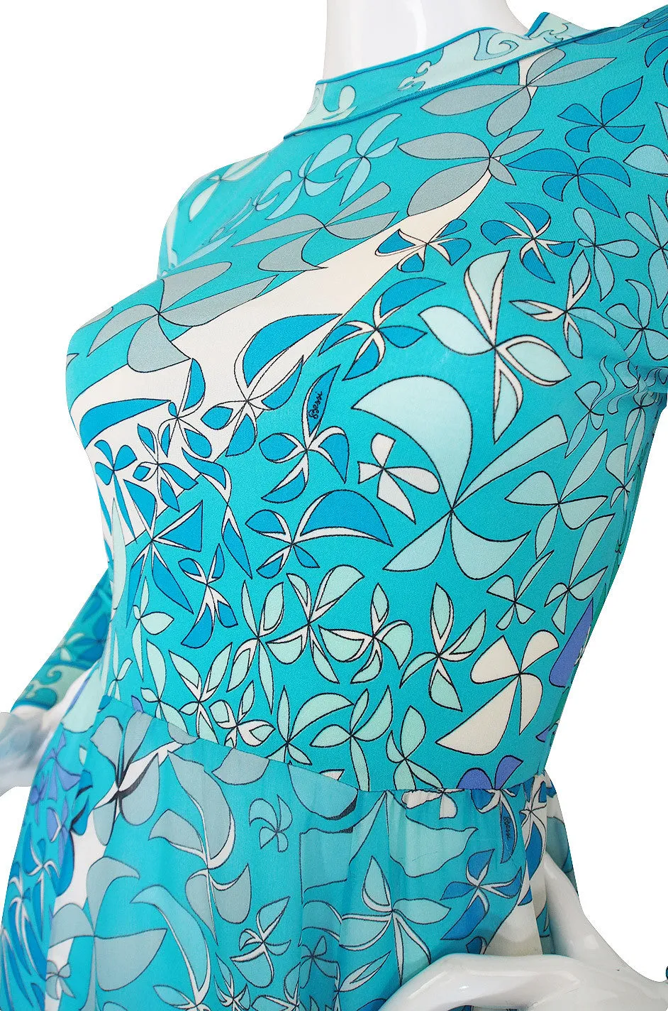 1970s Turquoise Blue Silk Bessi Maxi Dress