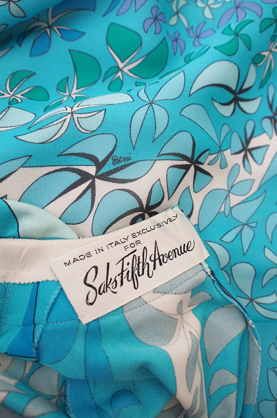 1970s Turquoise Blue Silk Bessi Maxi Dress