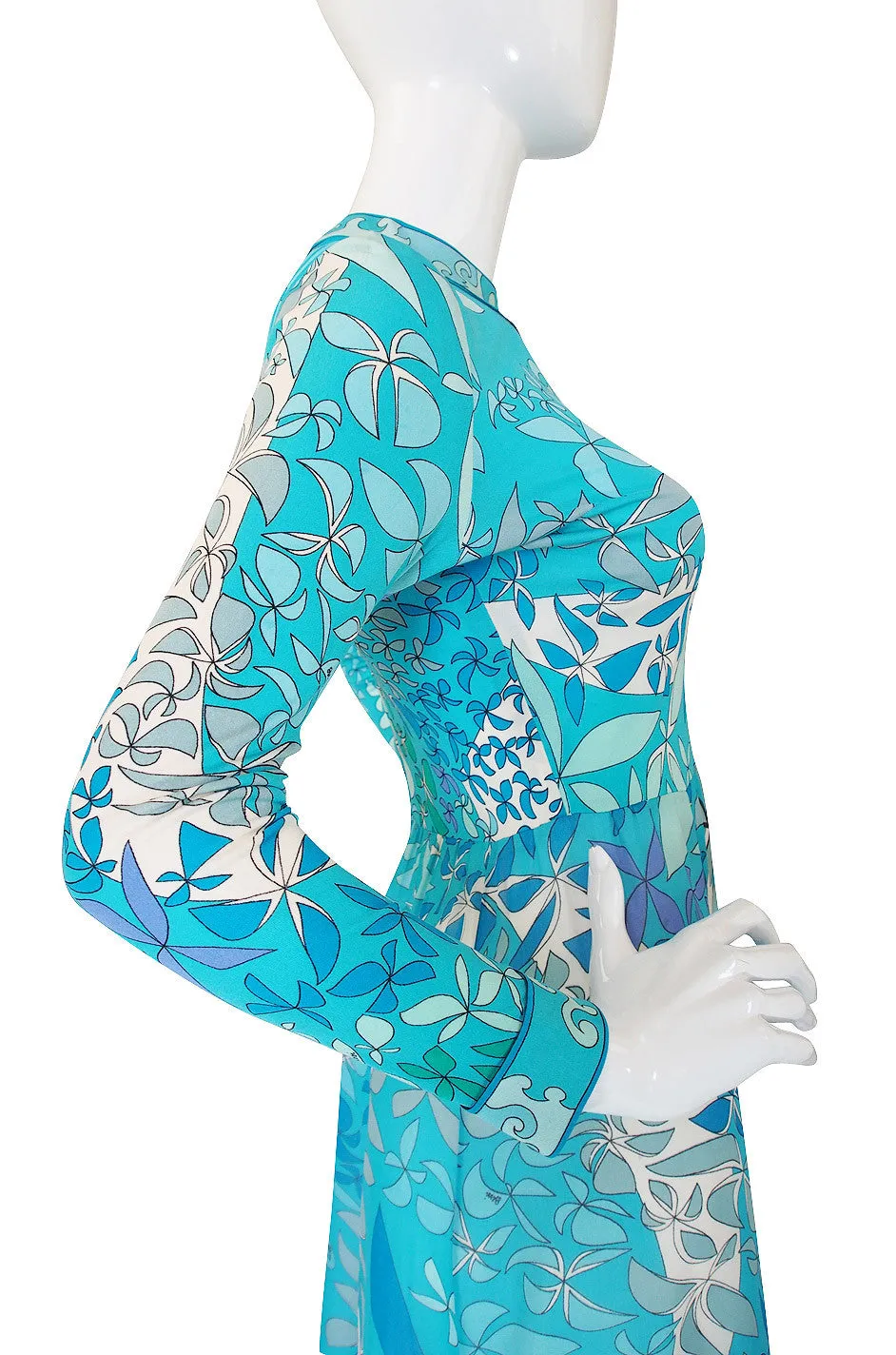 1970s Turquoise Blue Silk Bessi Maxi Dress