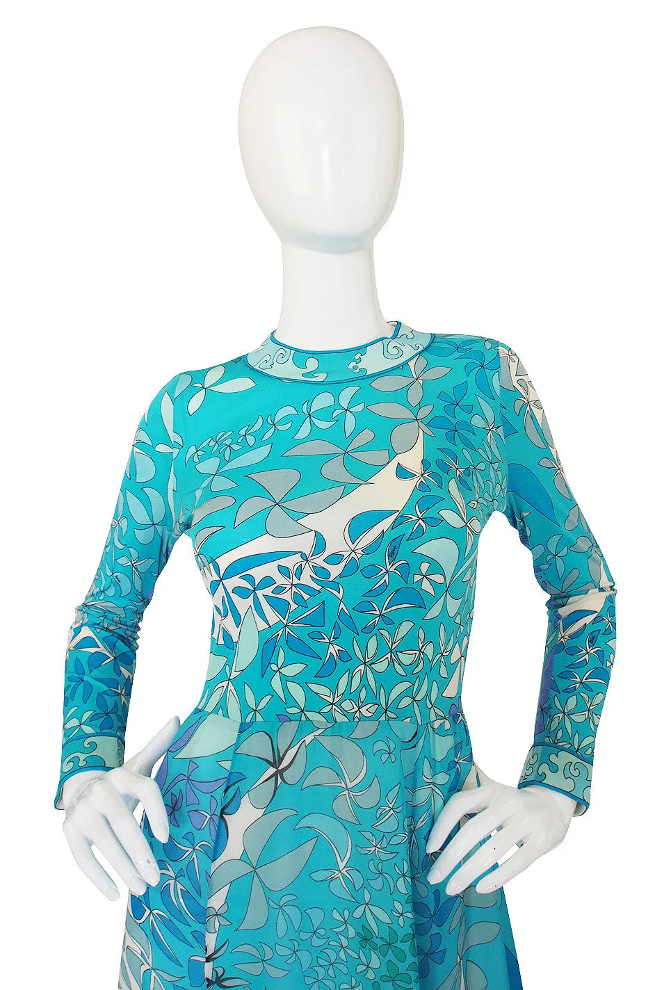 1970s Turquoise Blue Silk Bessi Maxi Dress