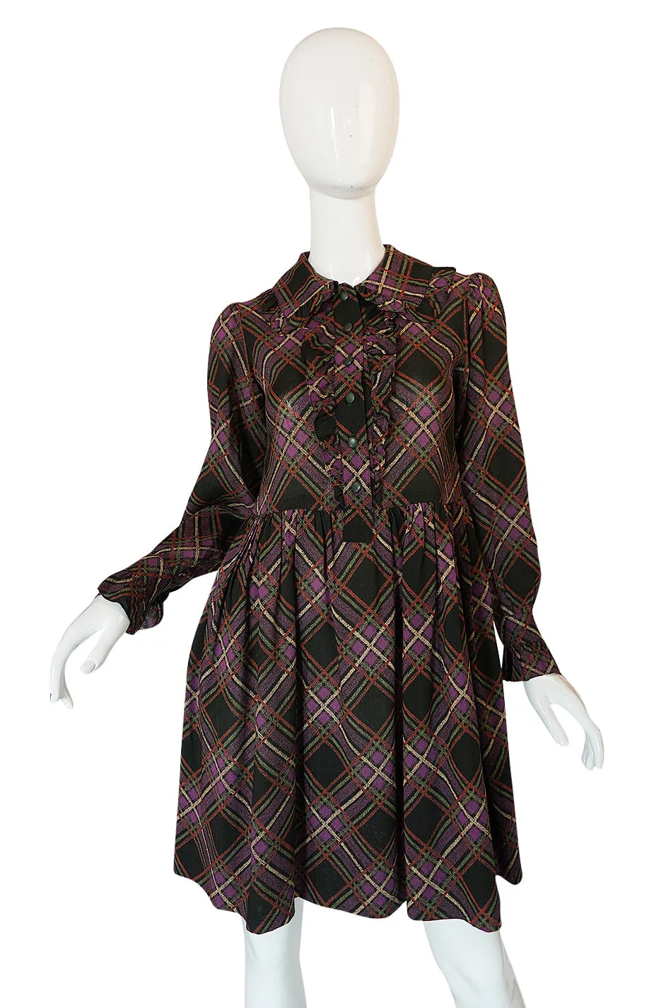 1970s Yves Saint Laurent Ruffled Front Baby Doll Plaid Dress