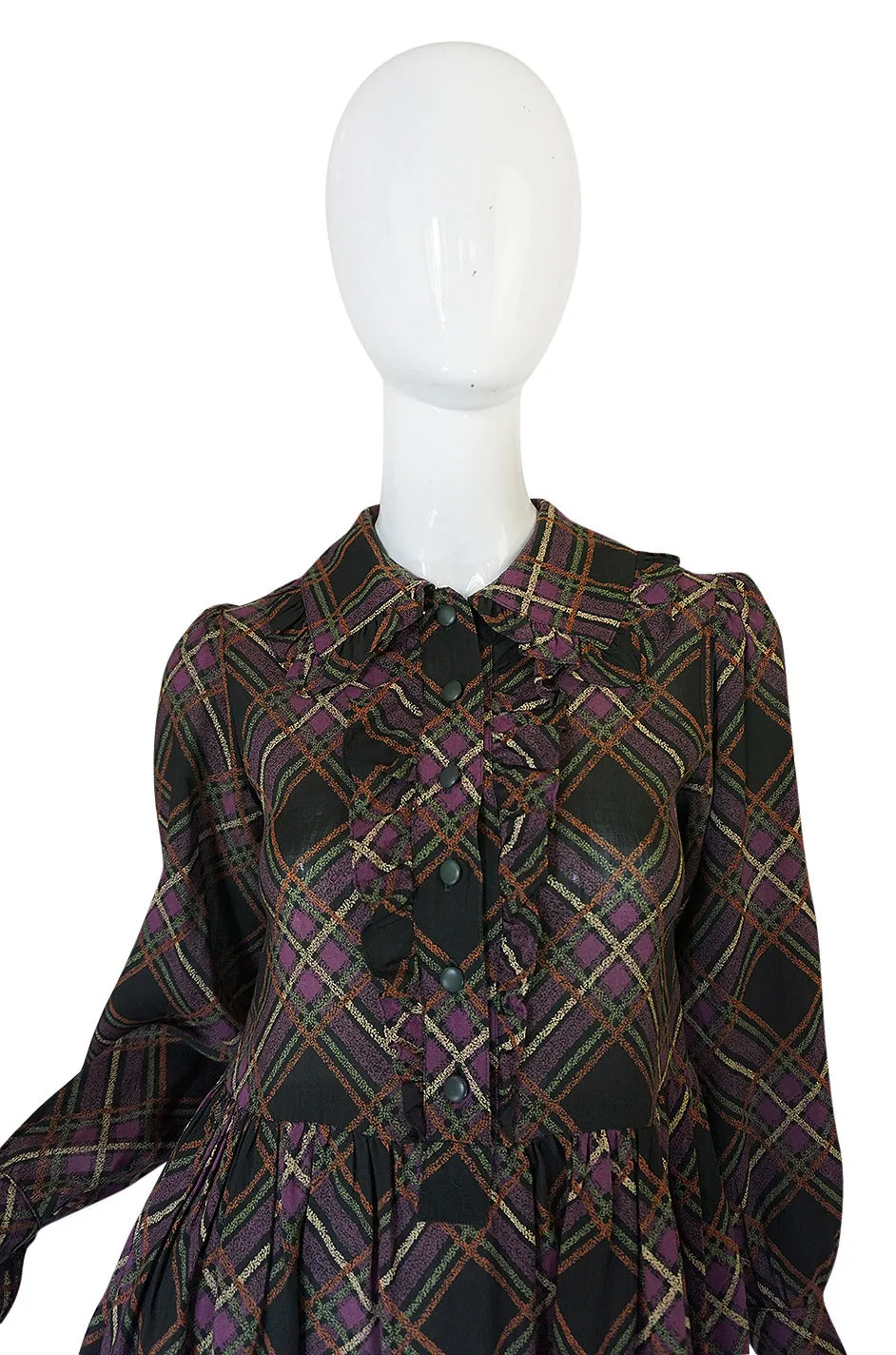 1970s Yves Saint Laurent Ruffled Front Baby Doll Plaid Dress