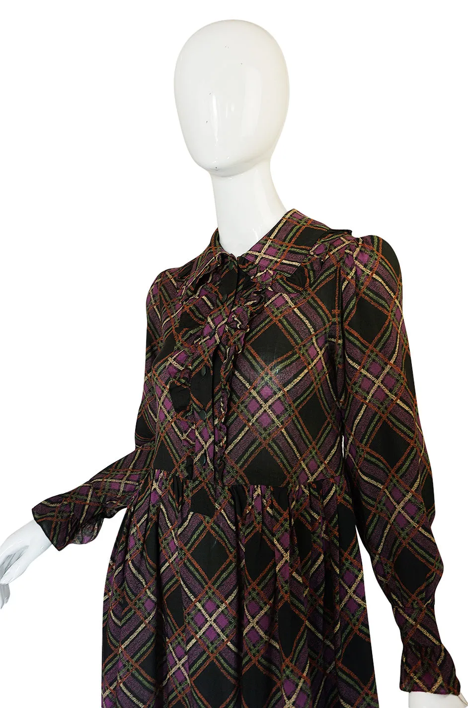1970s Yves Saint Laurent Ruffled Front Baby Doll Plaid Dress