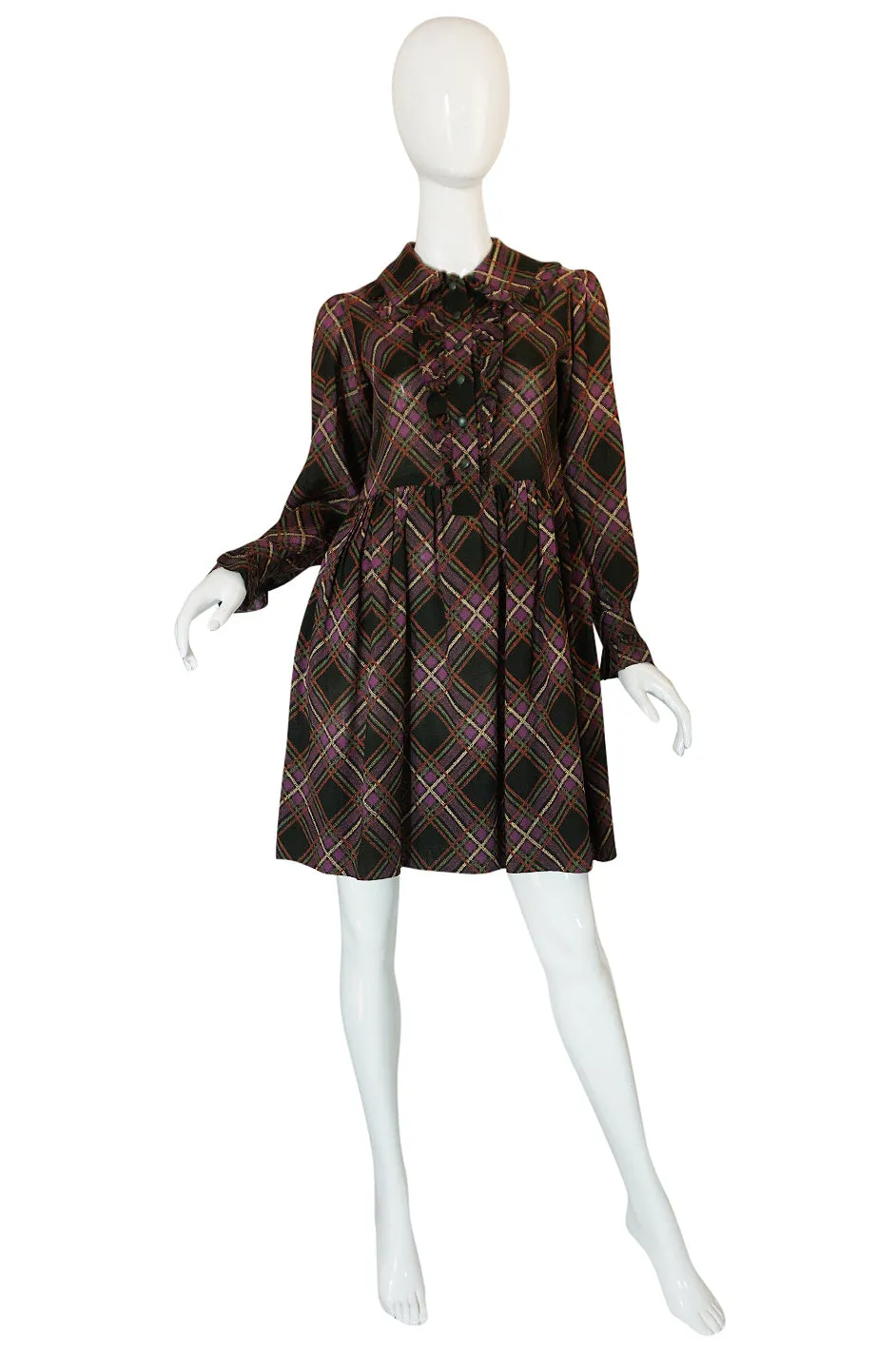 1970s Yves Saint Laurent Ruffled Front Baby Doll Plaid Dress