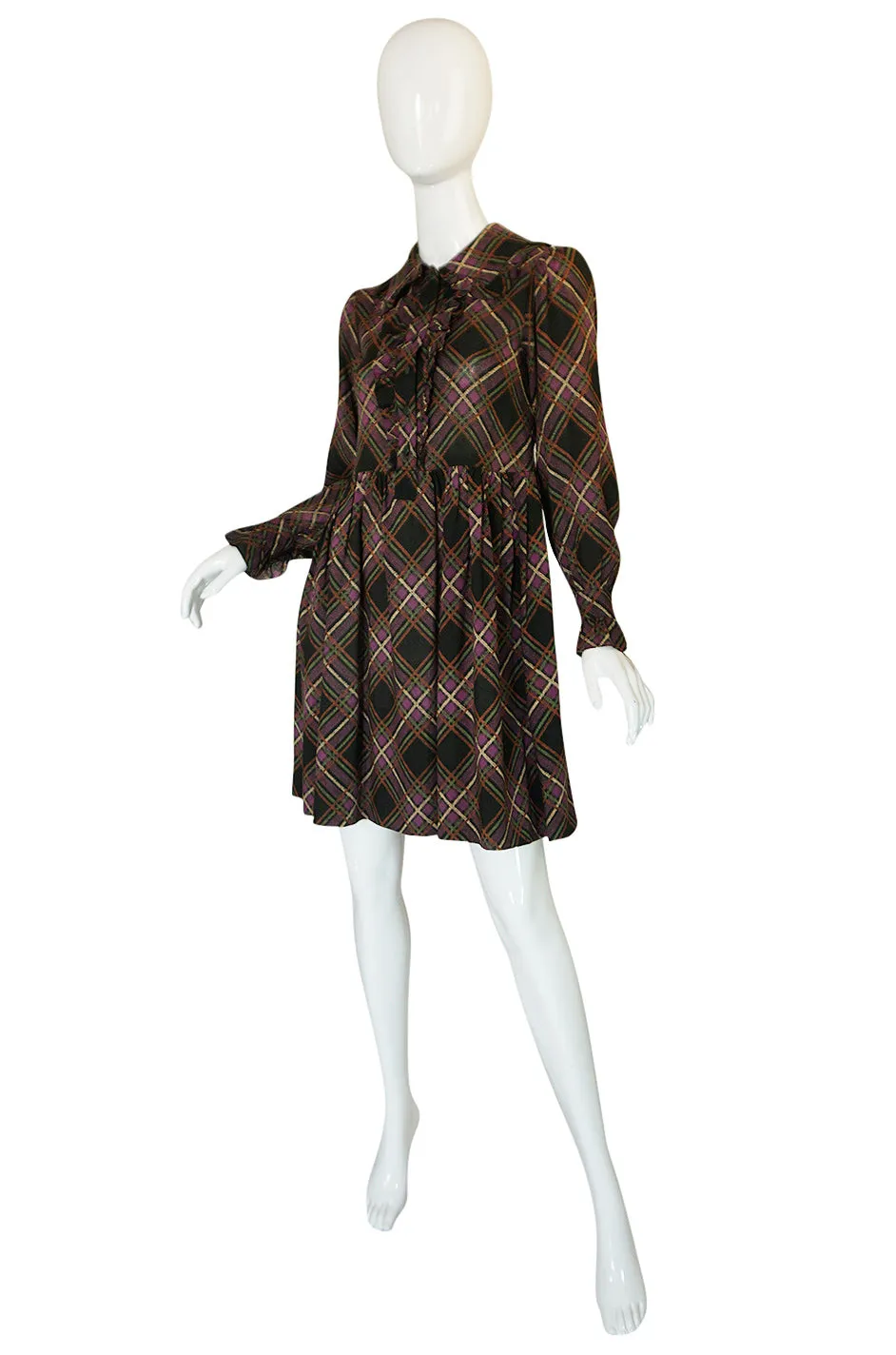 1970s Yves Saint Laurent Ruffled Front Baby Doll Plaid Dress