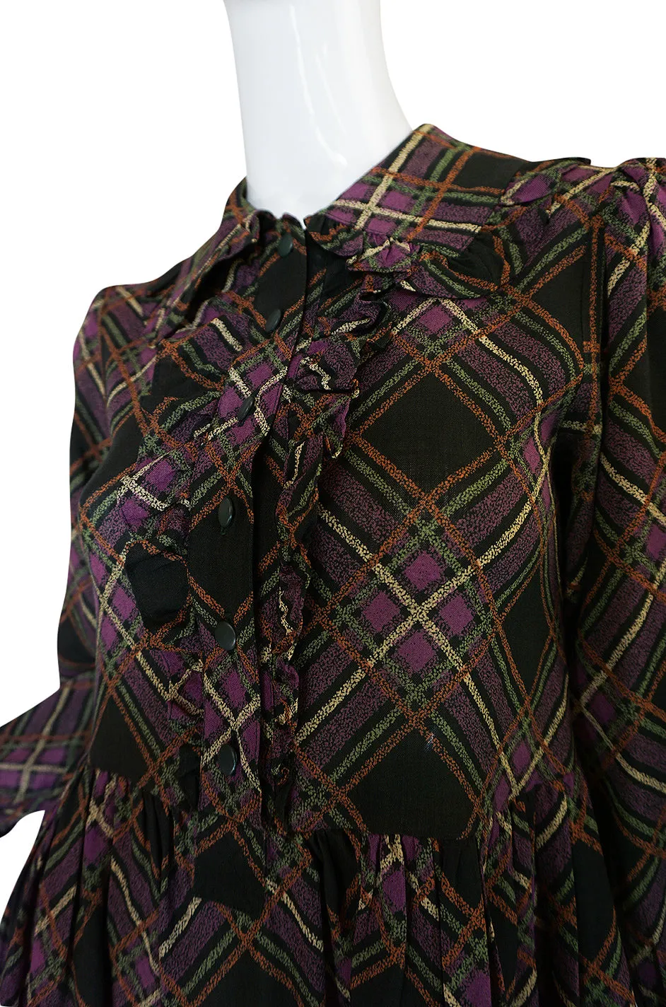 1970s Yves Saint Laurent Ruffled Front Baby Doll Plaid Dress