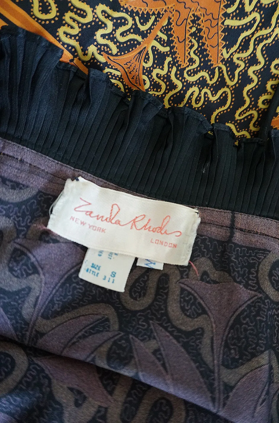 1970s Zandra Rhodes Print & Black Dramatic Lingerie Dress