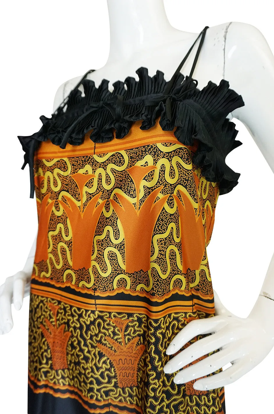 1970s Zandra Rhodes Print & Black Dramatic Lingerie Dress