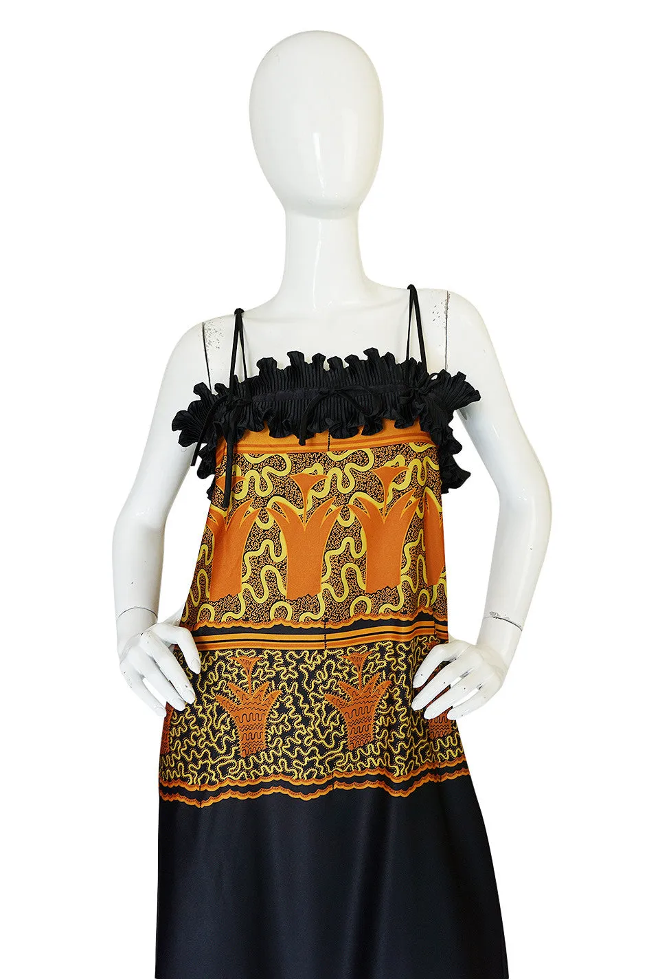 1970s Zandra Rhodes Print & Black Dramatic Lingerie Dress