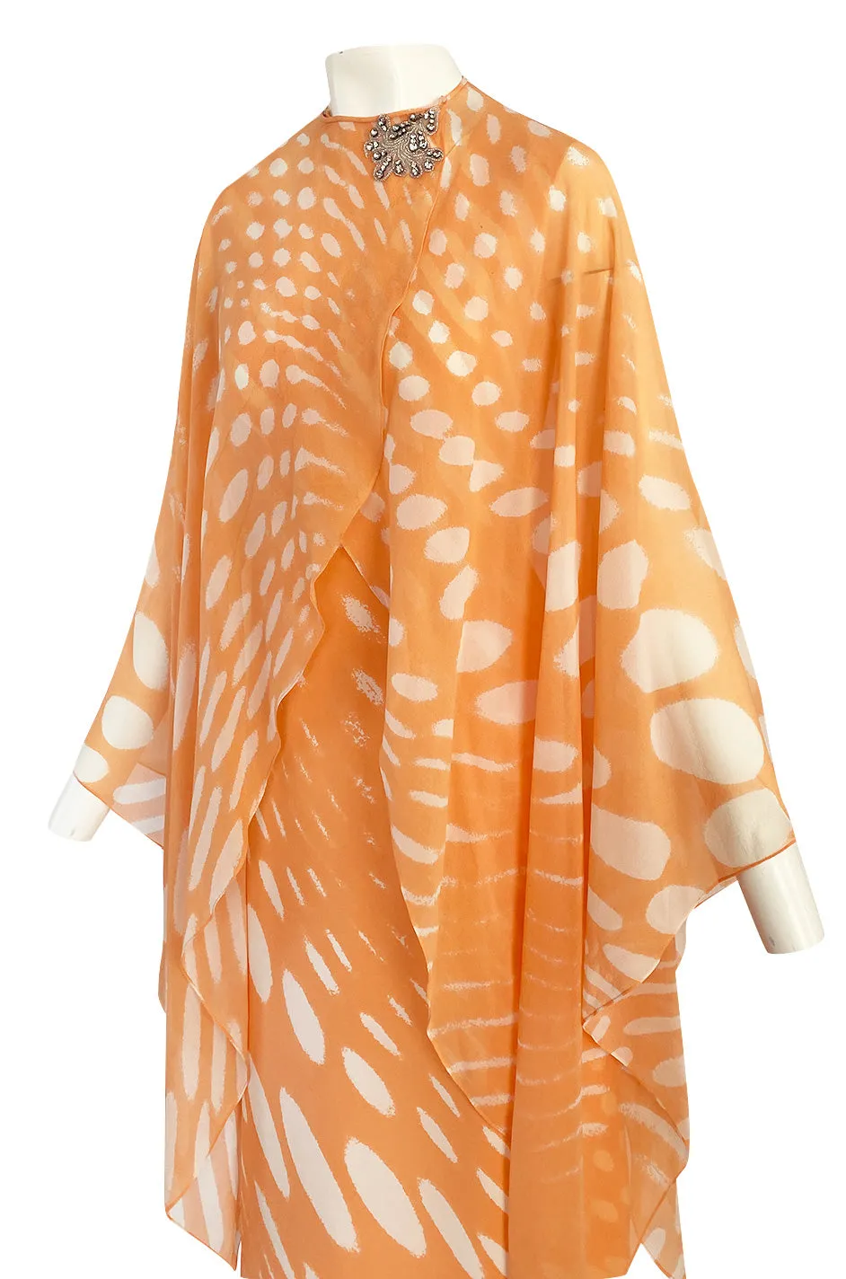 1980s Hanae Mori Pastel Tangerine & Ivory Printed Silk Chiffon Dress w Matching Chiffon Capelet