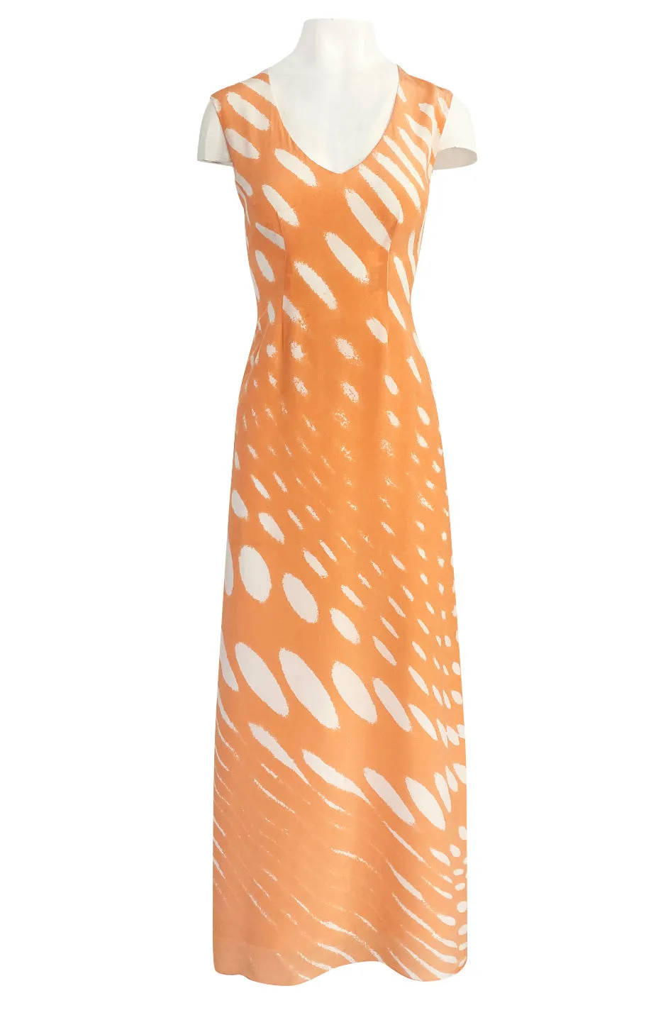 1980s Hanae Mori Pastel Tangerine & Ivory Printed Silk Chiffon Dress w Matching Chiffon Capelet
