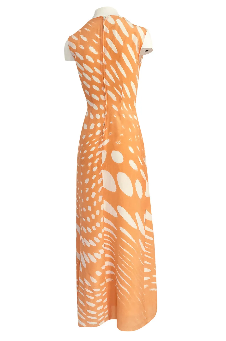 1980s Hanae Mori Pastel Tangerine & Ivory Printed Silk Chiffon Dress w Matching Chiffon Capelet