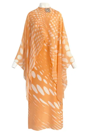 1980s Hanae Mori Pastel Tangerine & Ivory Printed Silk Chiffon Dress w Matching Chiffon Capelet