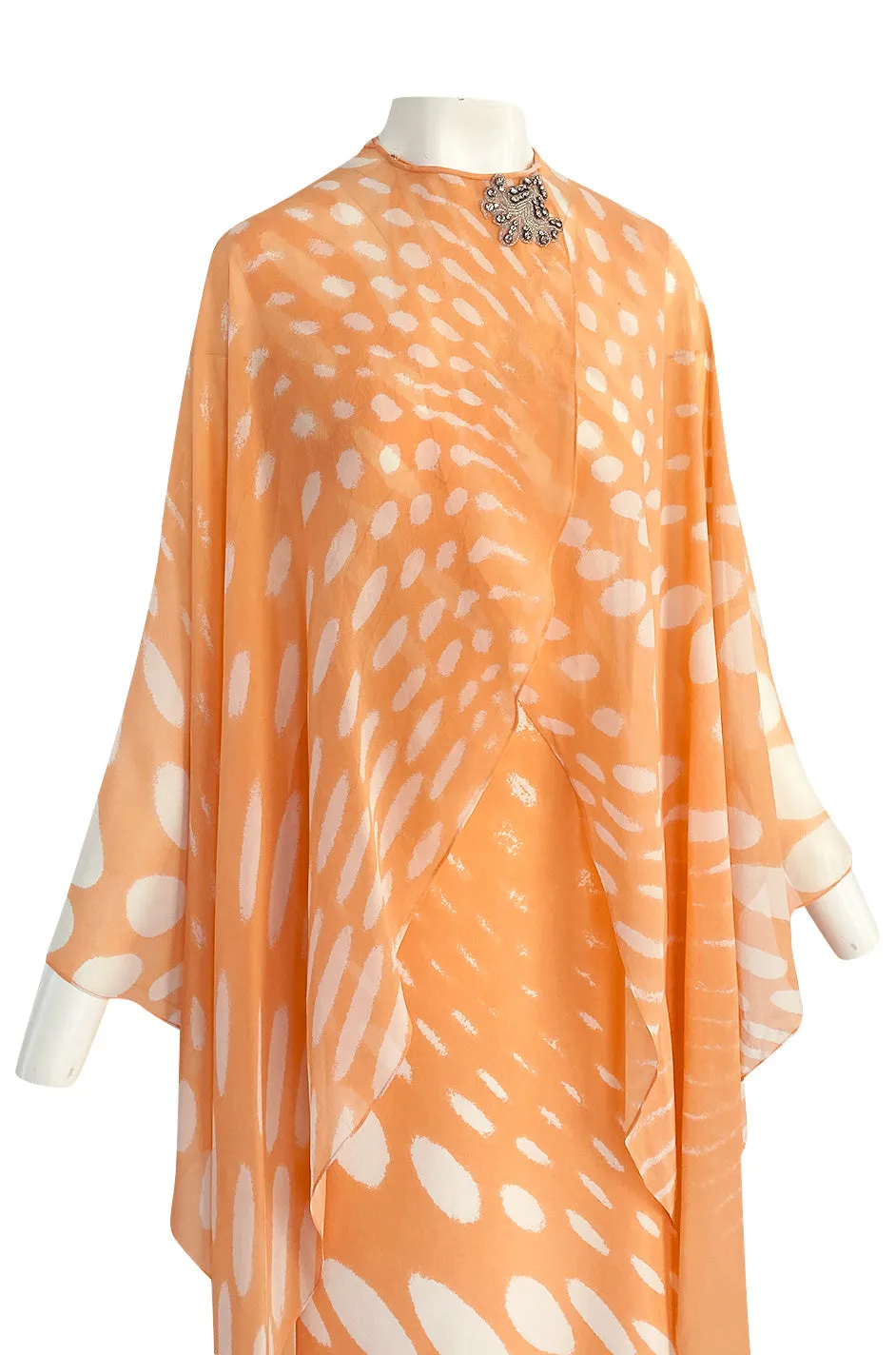 1980s Hanae Mori Pastel Tangerine & Ivory Printed Silk Chiffon Dress w Matching Chiffon Capelet