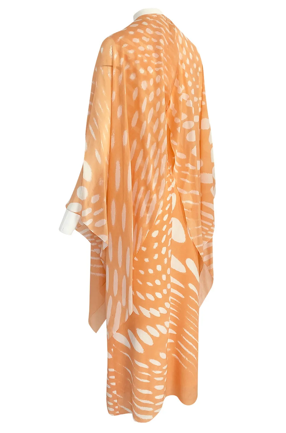 1980s Hanae Mori Pastel Tangerine & Ivory Printed Silk Chiffon Dress w Matching Chiffon Capelet