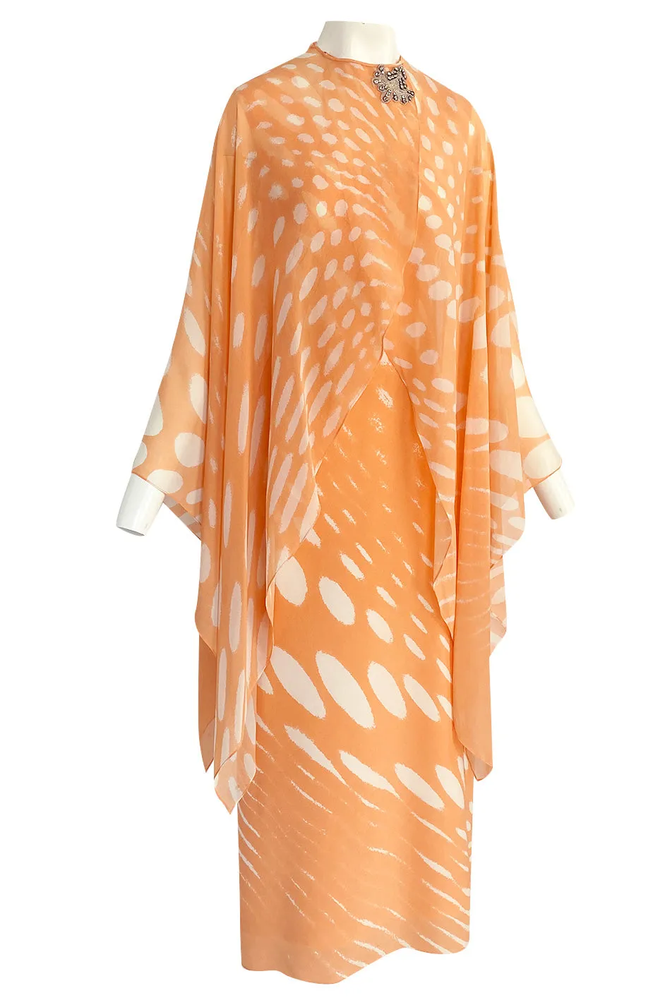 1980s Hanae Mori Pastel Tangerine & Ivory Printed Silk Chiffon Dress w Matching Chiffon Capelet