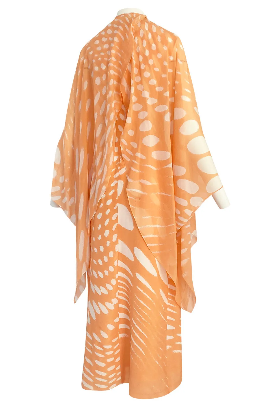 1980s Hanae Mori Pastel Tangerine & Ivory Printed Silk Chiffon Dress w Matching Chiffon Capelet