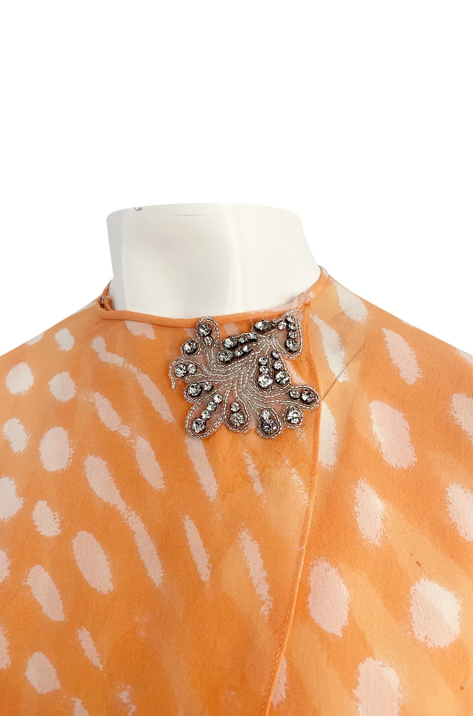 1980s Hanae Mori Pastel Tangerine & Ivory Printed Silk Chiffon Dress w Matching Chiffon Capelet