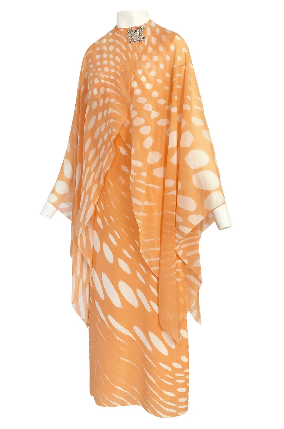 1980s Hanae Mori Pastel Tangerine & Ivory Printed Silk Chiffon Dress w Matching Chiffon Capelet