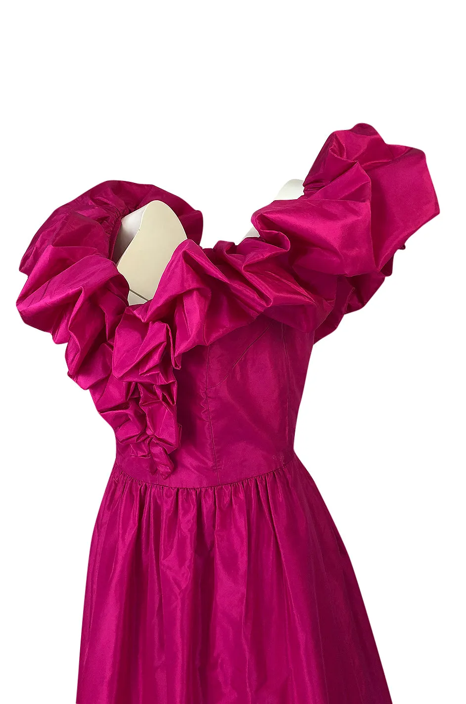 1980s Loris Azzaro Couture Bright Pink Silk Taffeta Backless Plunge Dress