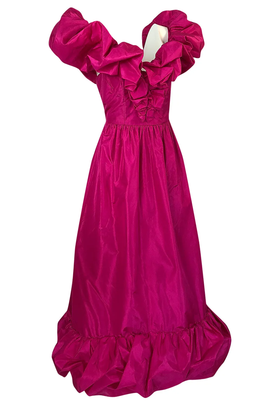 1980s Loris Azzaro Couture Bright Pink Silk Taffeta Backless Plunge Dress