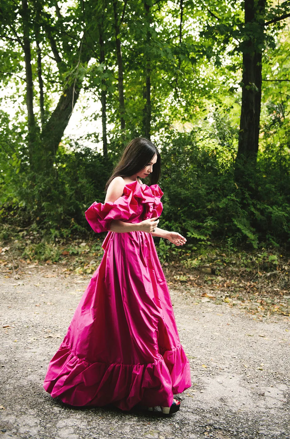 1980s Loris Azzaro Couture Bright Pink Silk Taffeta Backless Plunge Dress