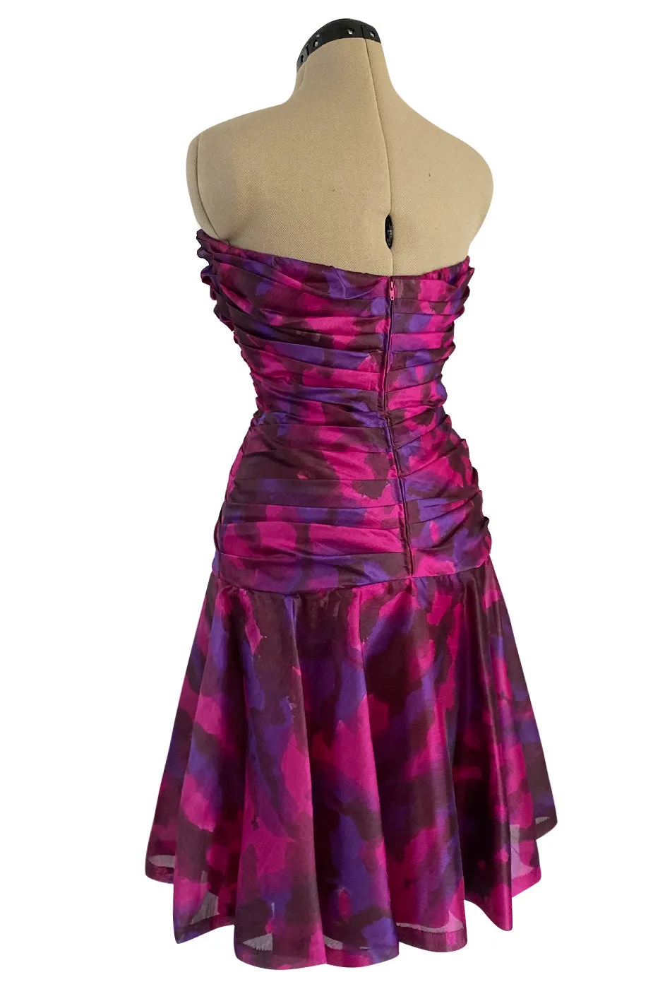1980s Loris Azzaro Couture Strapless Deep Pink & Purple Printed Silk Mini Dress w Flare Skirt