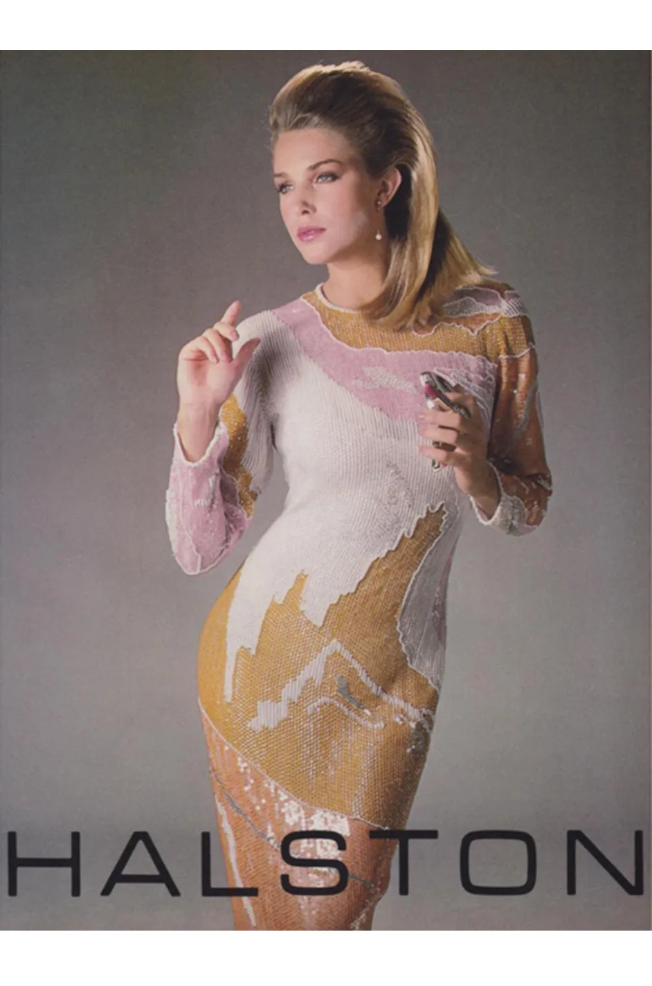 1983 Pink & Cream Halston Sequin Sheath Dress