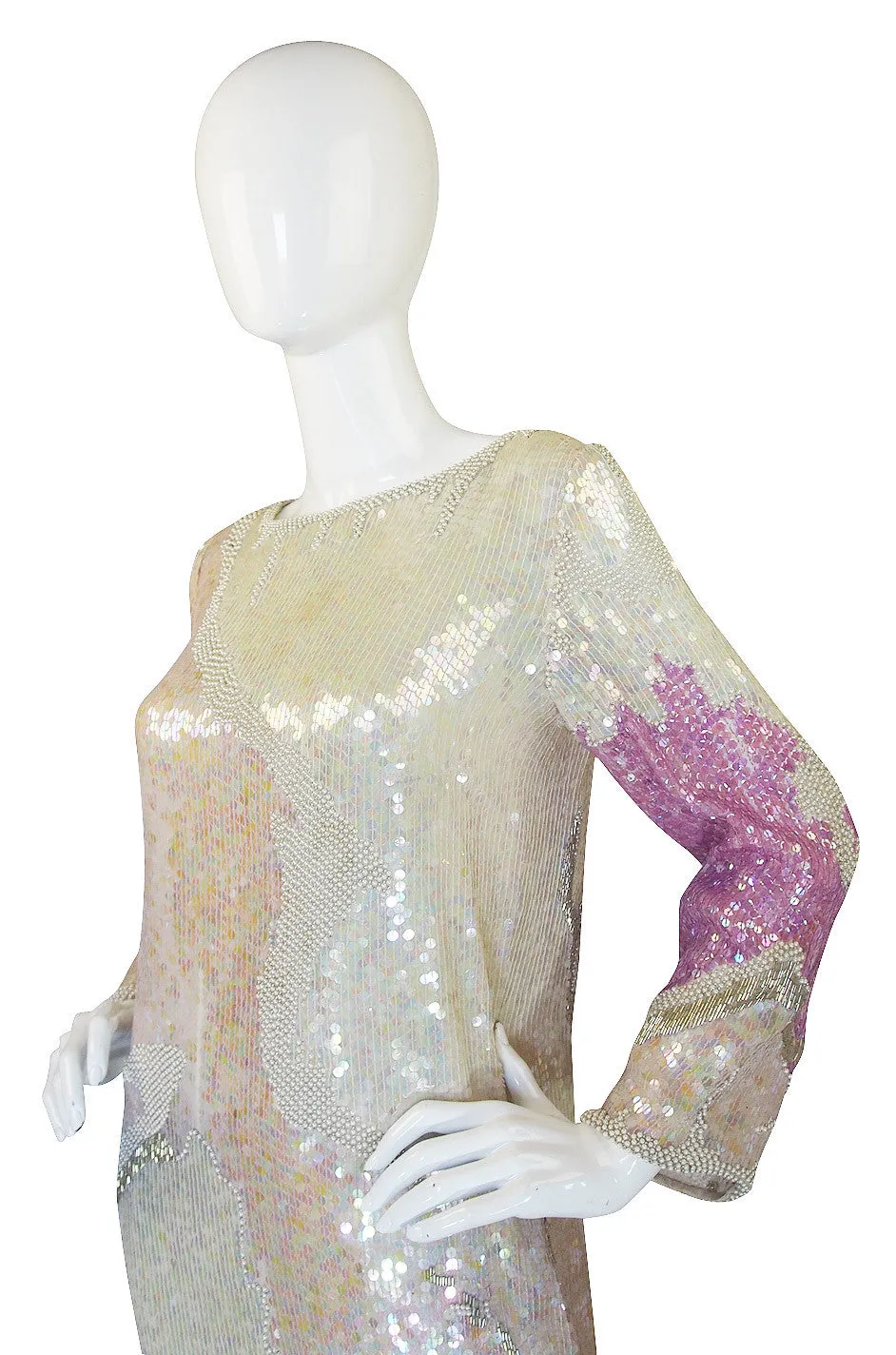 1983 Pink & Cream Halston Sequin Sheath Dress