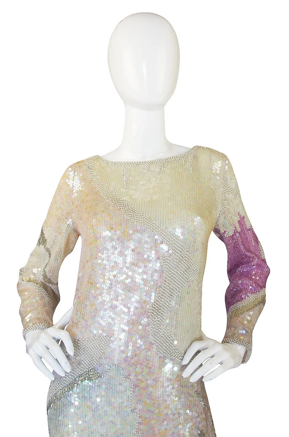 1983 Pink & Cream Halston Sequin Sheath Dress