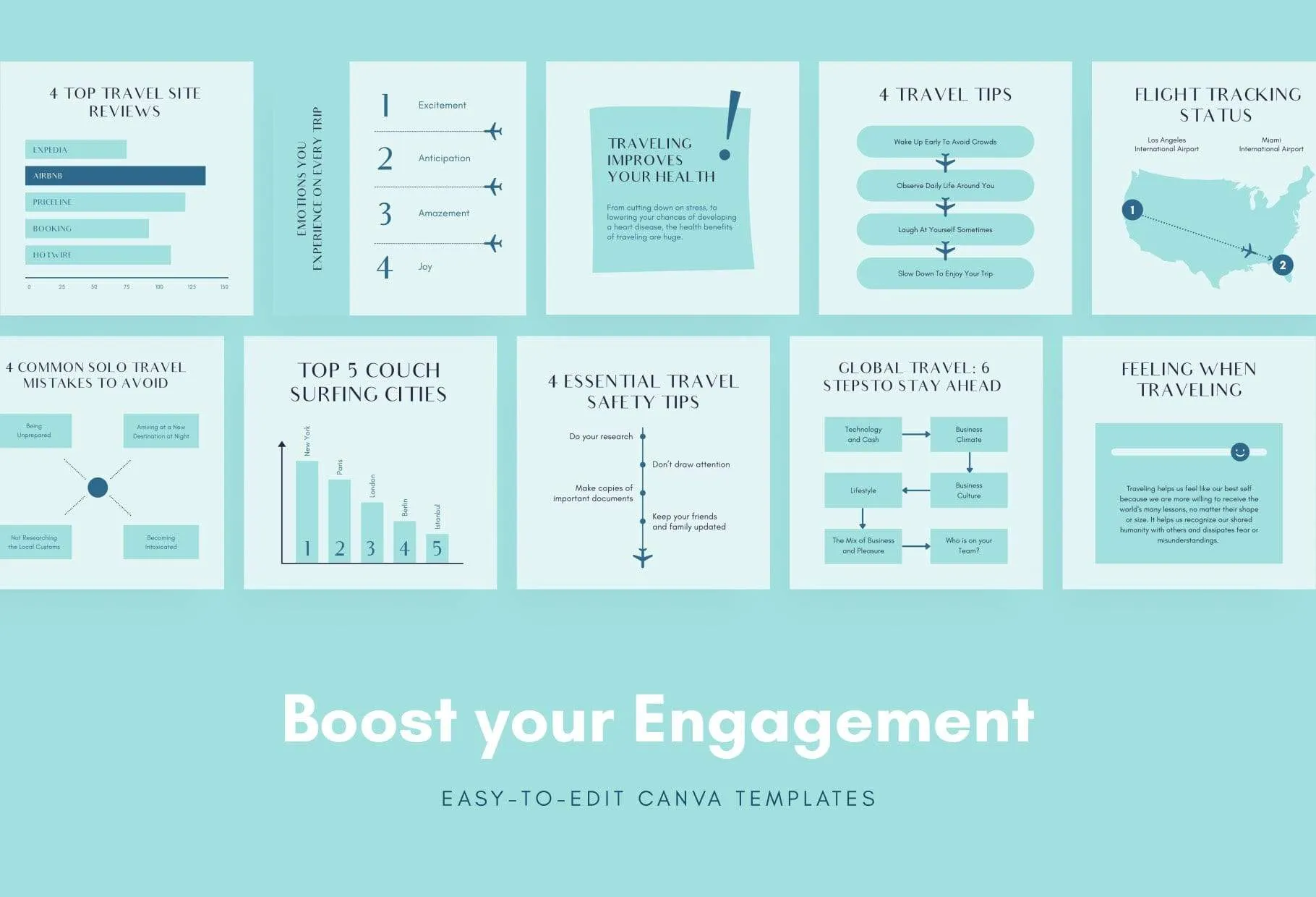 20 Travel Tips and Infographics Instagram Engagement Posts Fully Editable Canva Templates