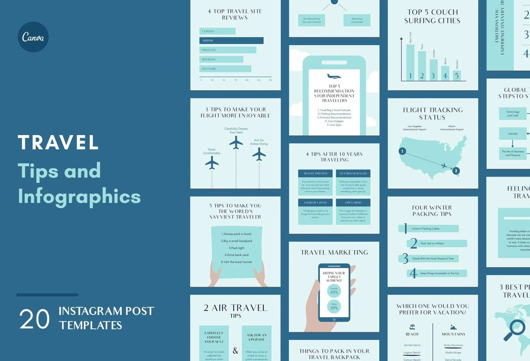 20 Travel Tips and Infographics Instagram Engagement Posts Fully Editable Canva Templates