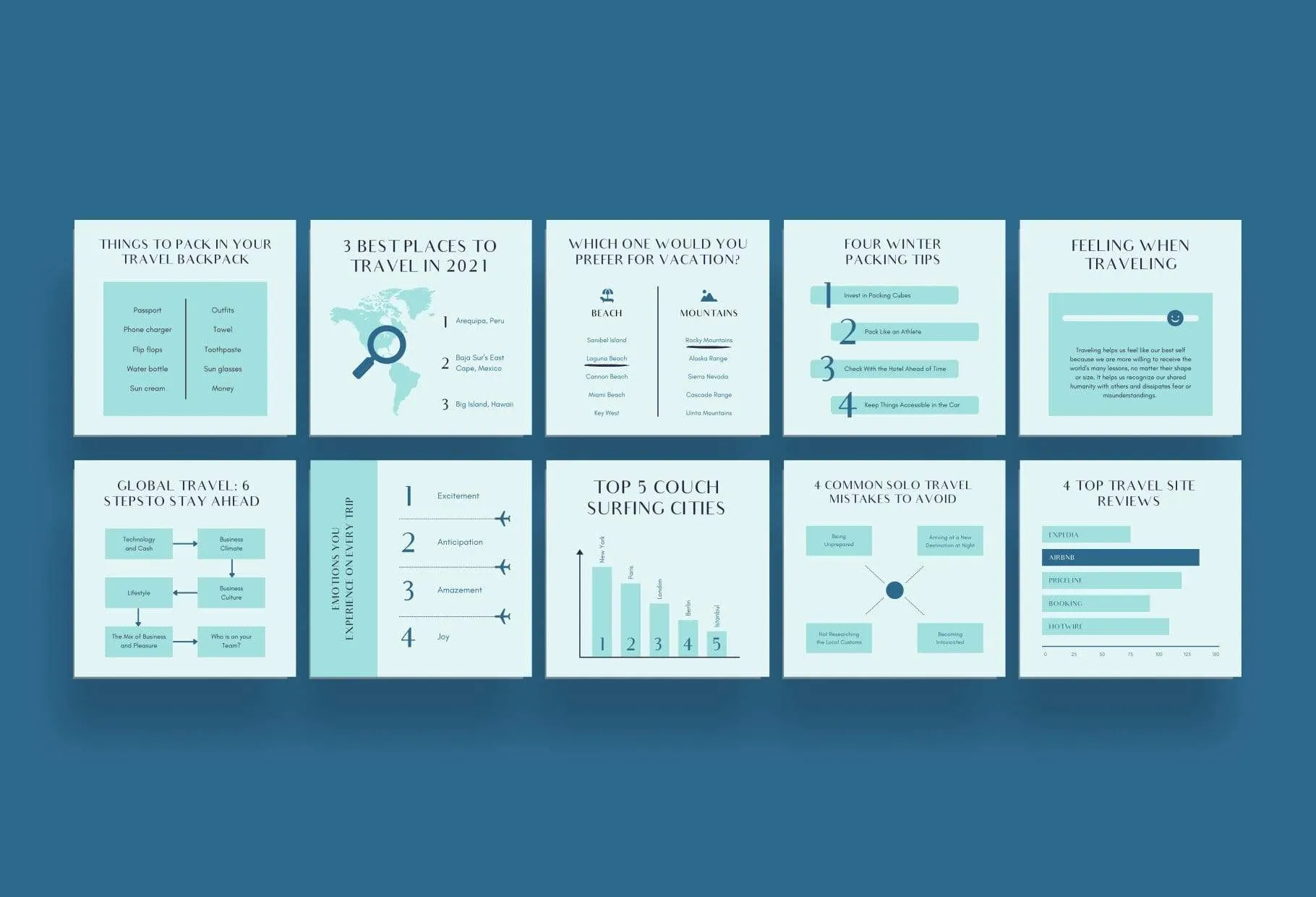 20 Travel Tips and Infographics Instagram Engagement Posts Fully Editable Canva Templates