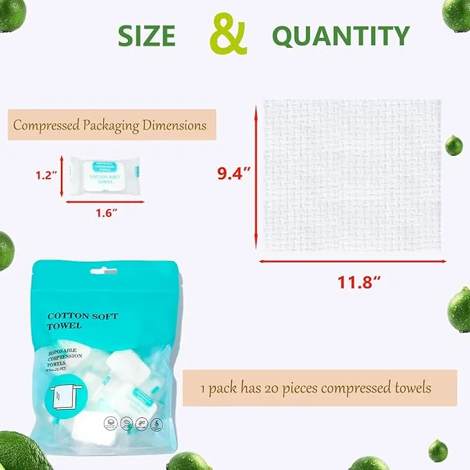 20Pcs Compressed Towel Tablets Disposable Washcloths for Travel Portable Reusable Coin Bath Towels for Hotel Camping Hiking Sports Beauty Salon(9.4" x 11.8")