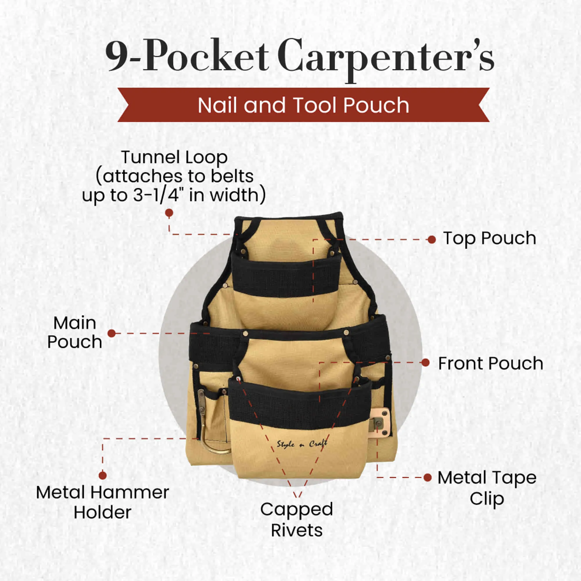 76927 - 9 Pocket Carpenter's Nail & Tool Pouch in Polyester | Style n Craft