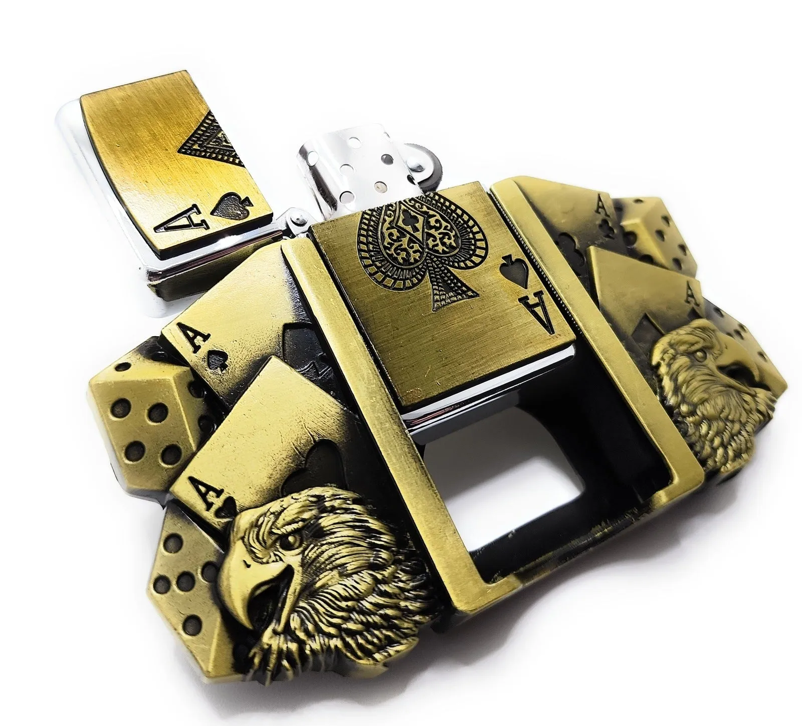 Aces Dice Eagles Lighter Belt Buckle Lighter Holder WITH Ace of Spades LIGHTER