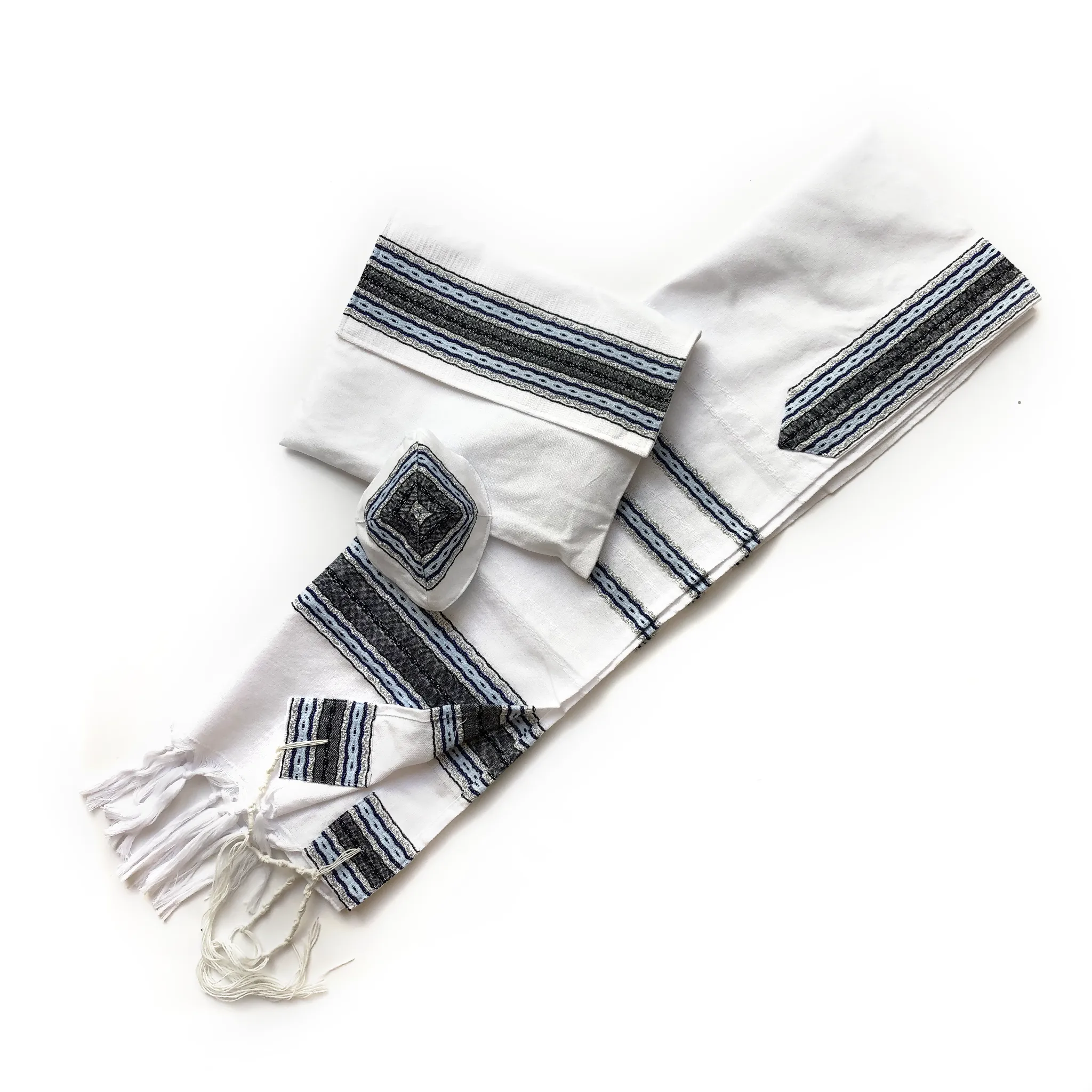 Adam - Cotton Tallit - Blues with Silver on White