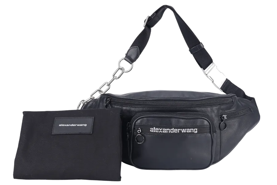 ALEXANDER WANG BLACK LAMBSKIN ATTICA BELT BAG SILVER AND BLACK HARDWARE NO DUST COVER